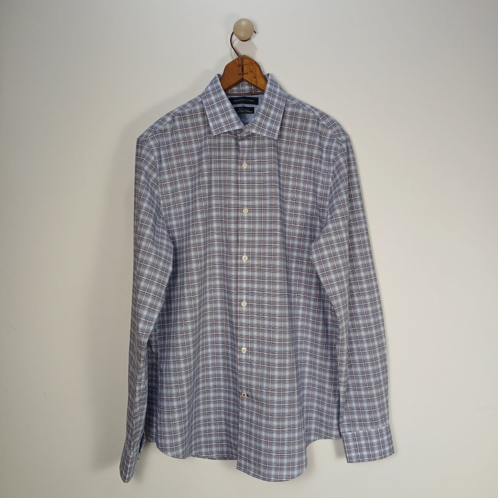 Tommy Hilfiger Mens Shirt Size Large TH Flex Supima Slim Fit 34/35 Stretch Blue